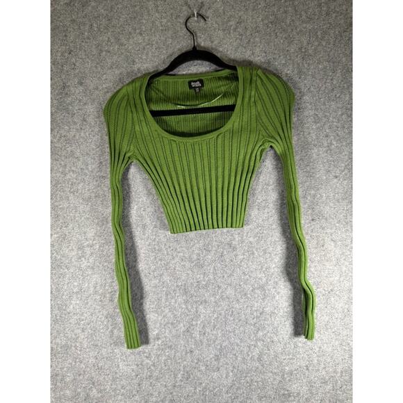 Beverly and Beck Top Women XS Green Long Sleeve Eyelet Cropped Stretch Boho Hipp - Picture 1 of 7